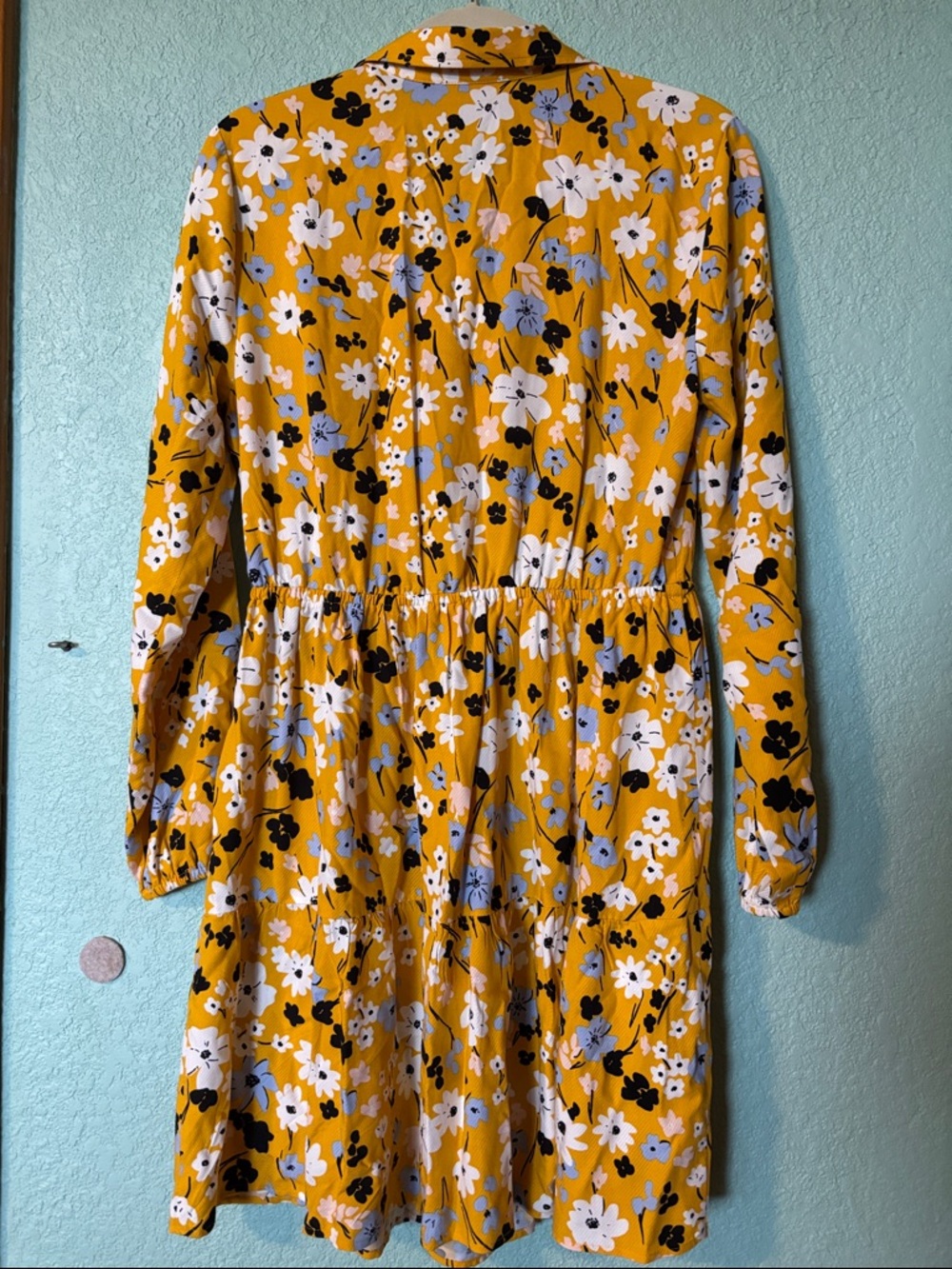 LOFT Outlet Mustard Floral Button-Front Drawstring Waist Dress, Medium, like new - Picture 3 of 7